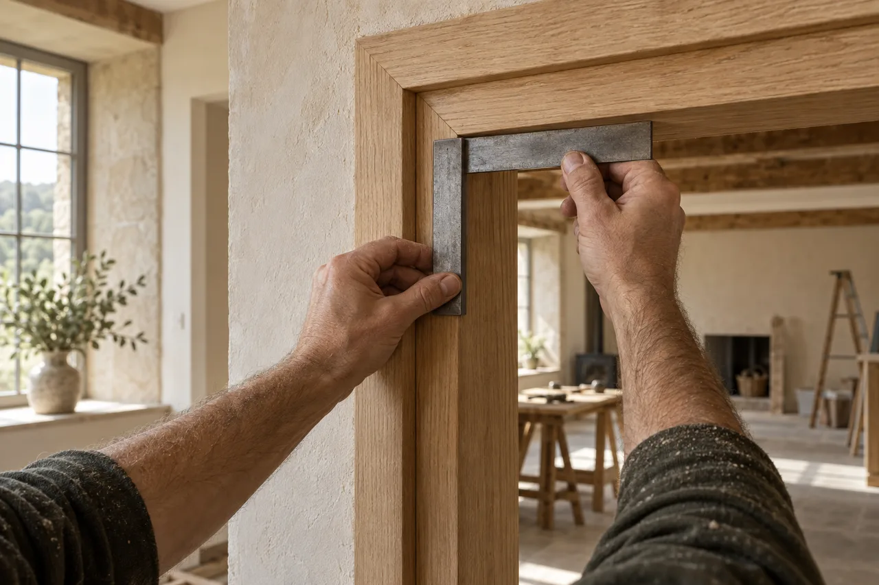 AI-generated craftsmanship illustration of hands checking an oak door-frame joint with a steel square.