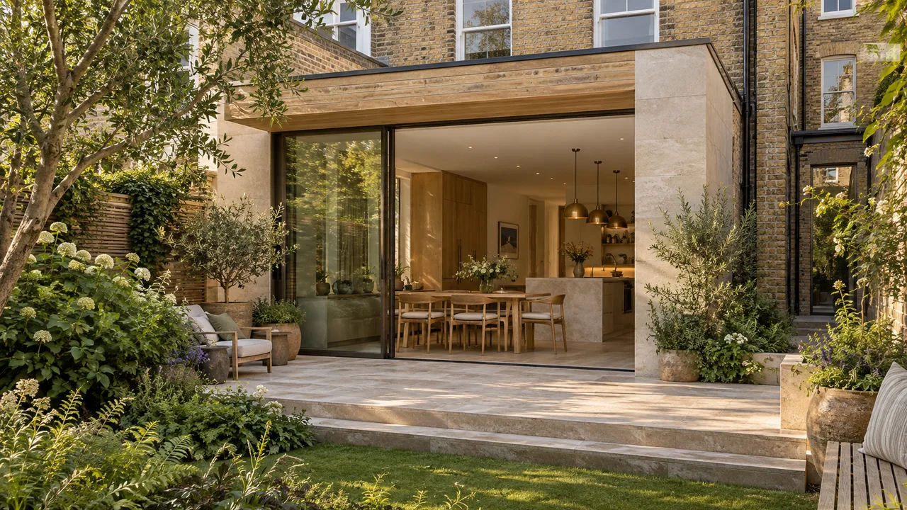AI-generated architectural illustration of a warm oak and stone garden extension with glazed doors and a dining space.