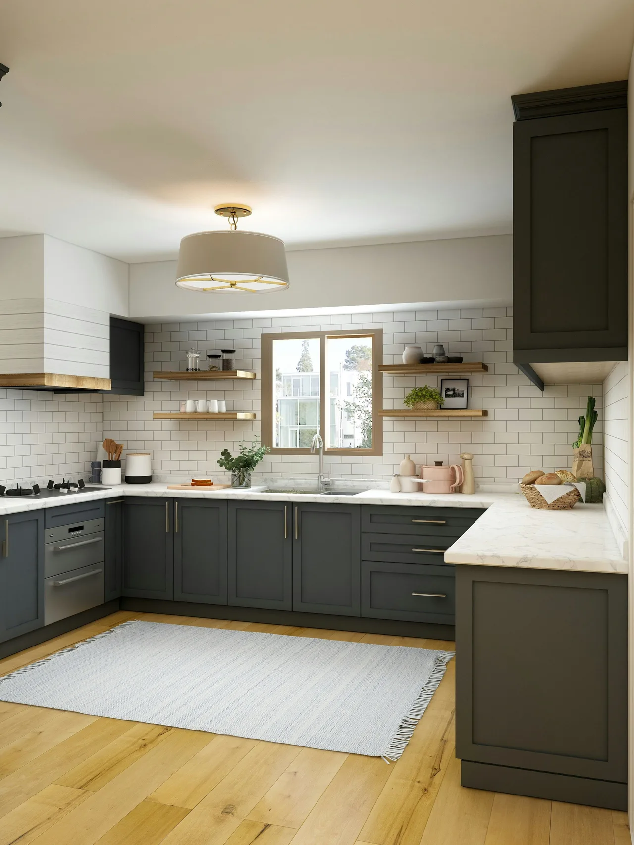 Stock illustration of a kitchen with dark shaker cabinetry, timber flooring and light worktops.